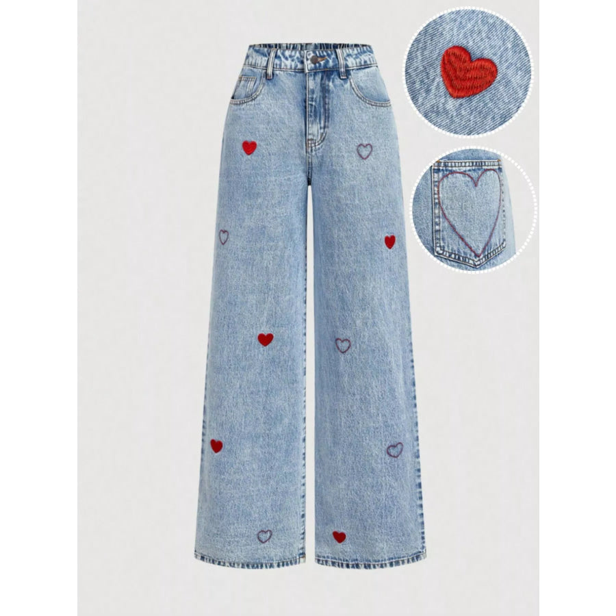 Embroidered Heart Wide-Leg Jeans Light / XS Apparel and Accessories