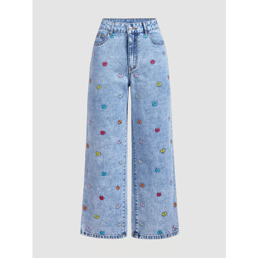 Embroidered High-Waisted Wide-Leg Jeans Blue / XS Apparel and Accessories