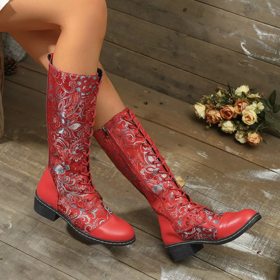 Embroidered Lace-Up Block Heel Boots Apparel and Accessories