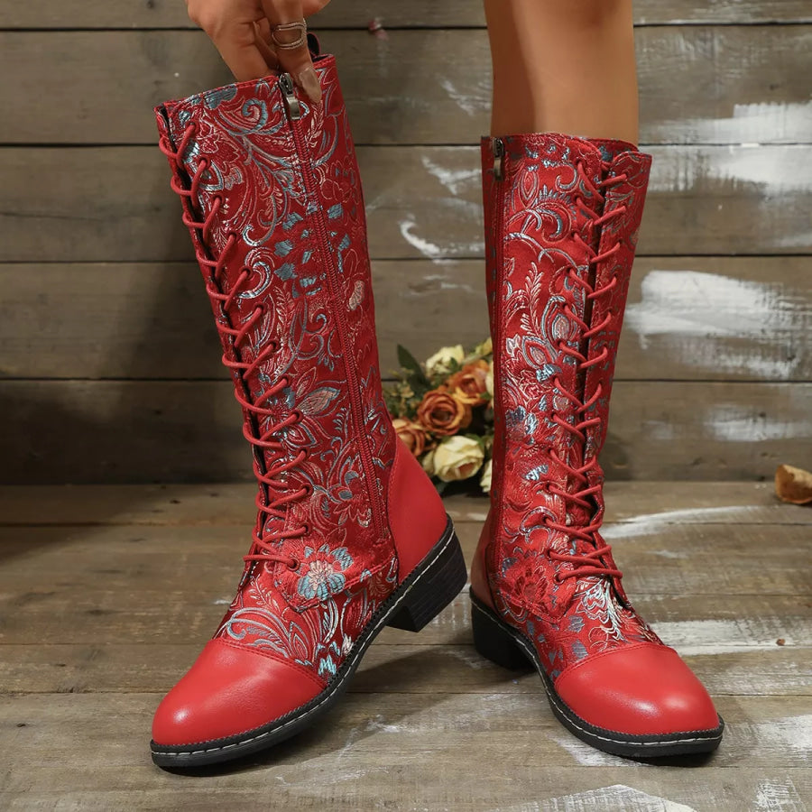 Embroidered Lace-Up Block Heel Boots Apparel and Accessories