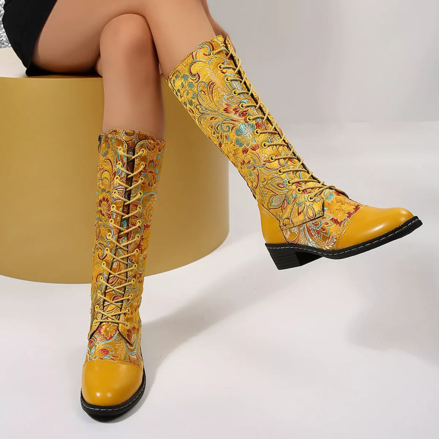 Embroidered Lace-Up Block Heel Boots Apparel and Accessories
