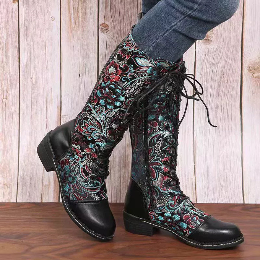 Embroidered Lace-Up Block Heel Boots Black / 35 Apparel and Accessories