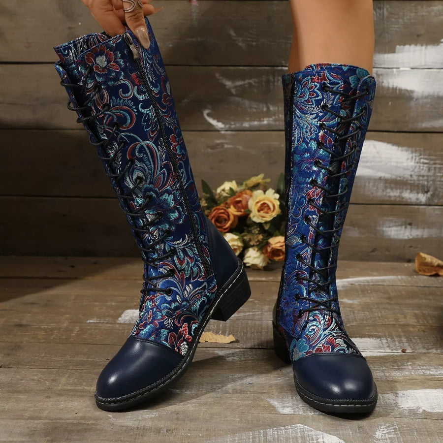 Embroidered Lace-Up Block Heel Boots Blue / 35 Apparel and Accessories