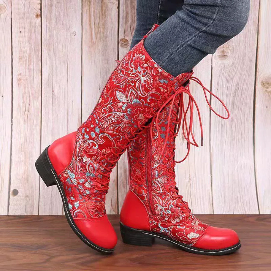 Embroidered Lace-Up Block Heel Boots Red / 35 Apparel and Accessories
