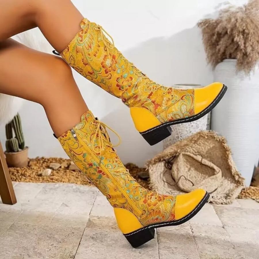 Embroidered Lace-Up Block Heel Boots Yellow / 35 Apparel and Accessories
