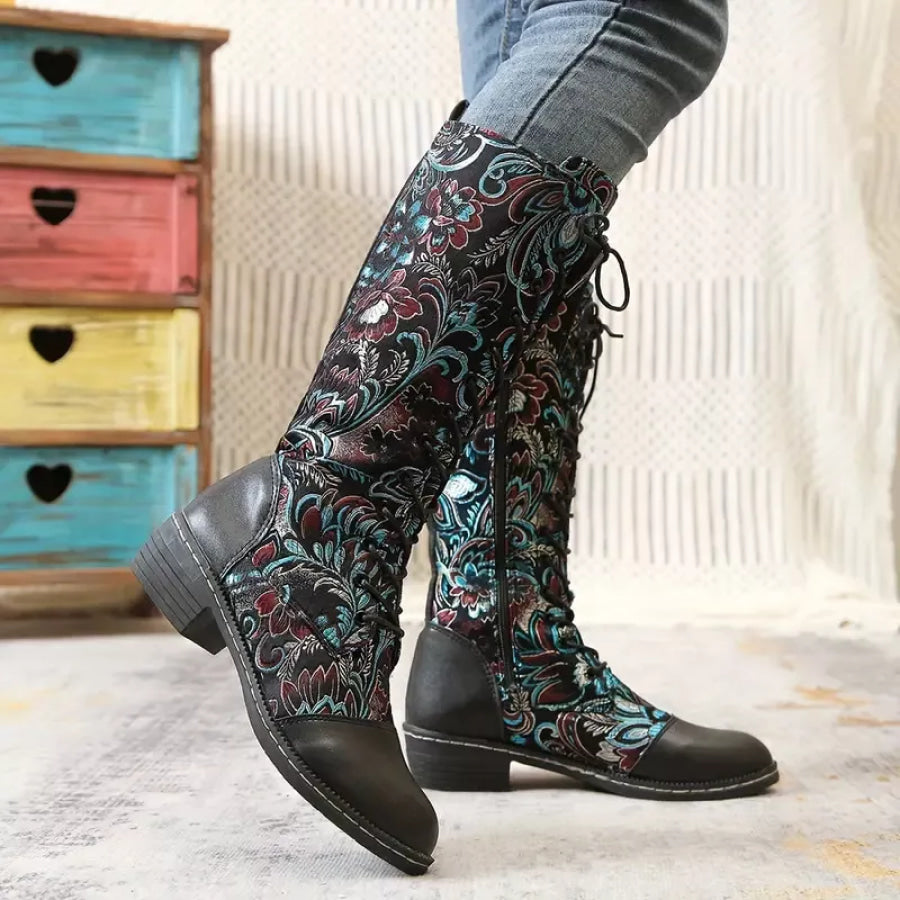 Embroidered Lace-Up Knee High Boots Apparel and Accessories