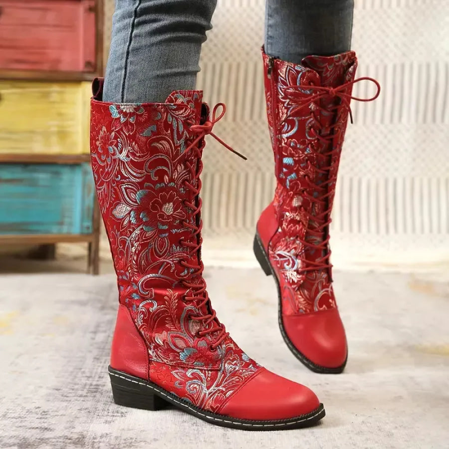 Embroidered Lace-Up Knee High Boots Red / 35 Apparel and Accessories