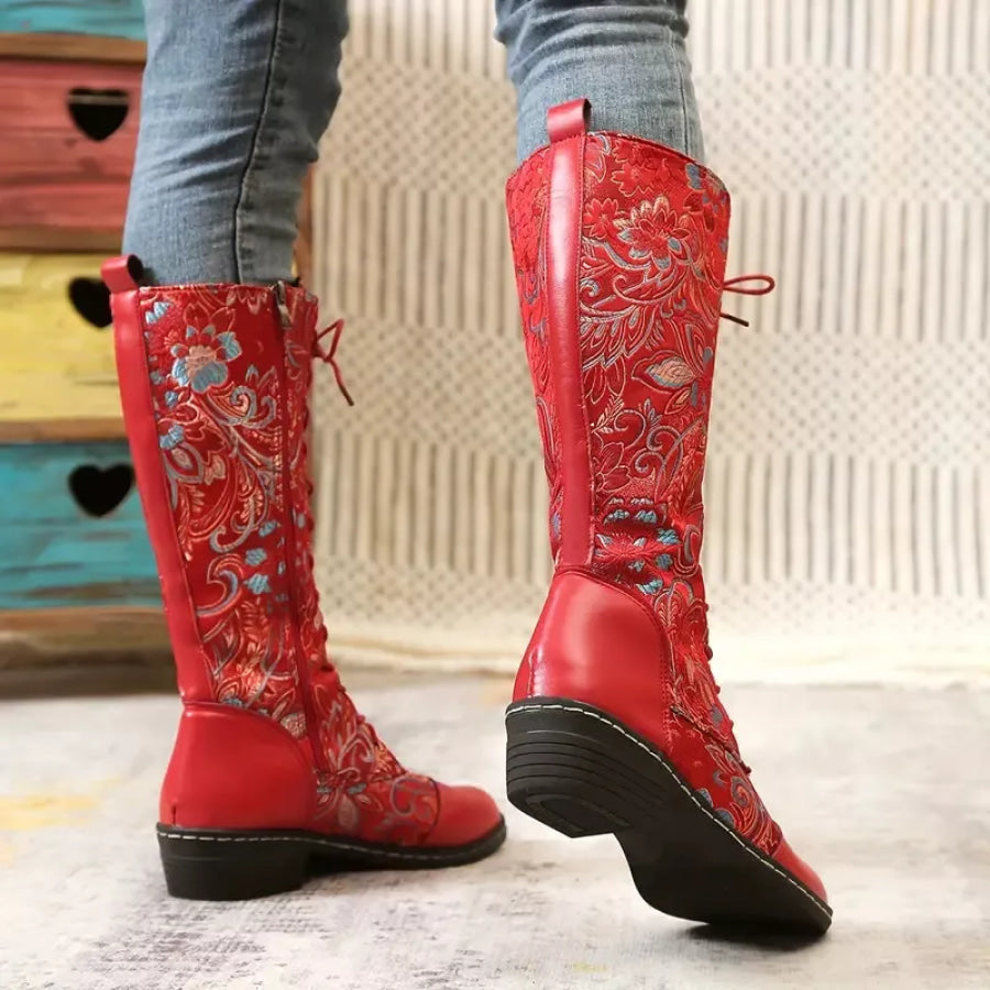 Embroidered Lace-Up Knee High Boots Apparel and Accessories
