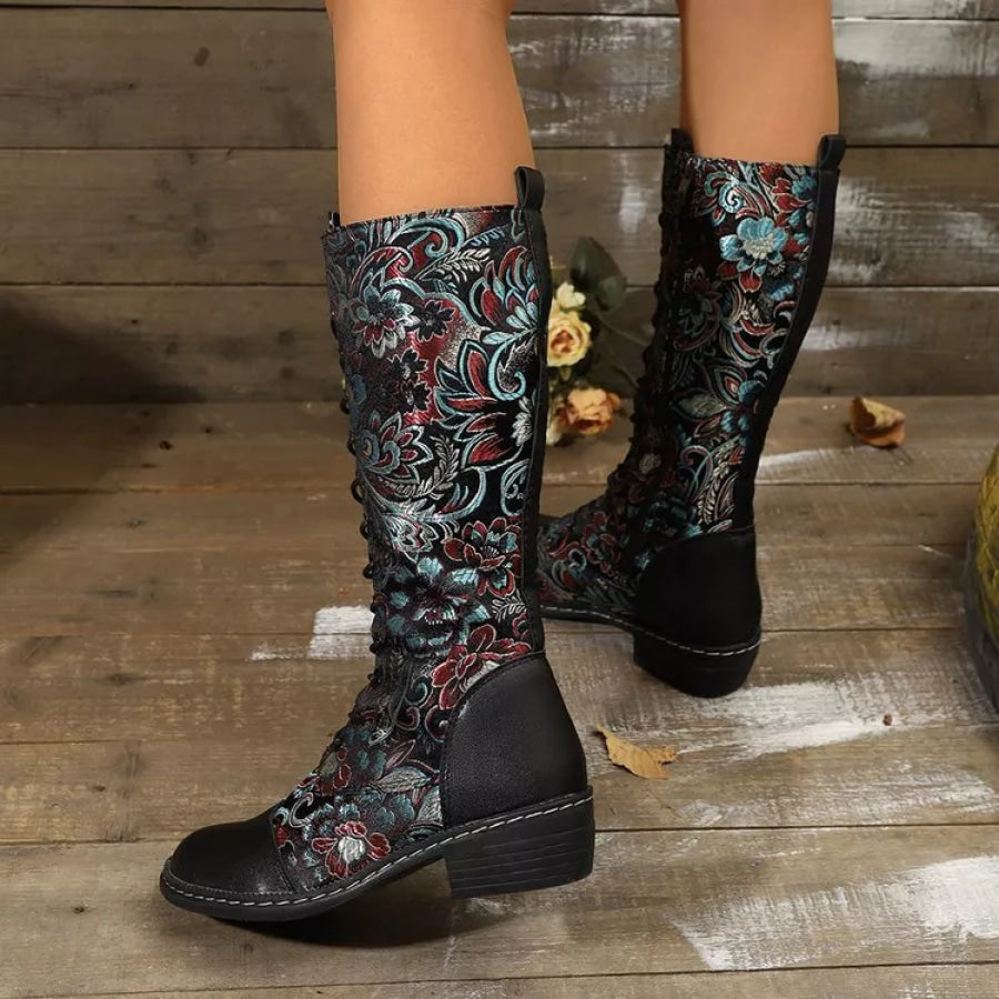 Embroidered Lace-Up Knee High Boots Black / 35 Apparel and Accessories
