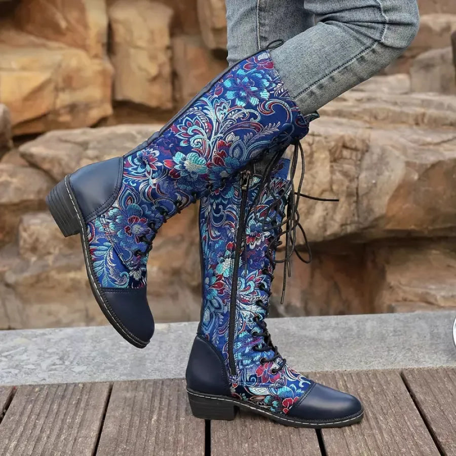 Embroidered Lace-Up Knee High Boots Blue / 35 Apparel and Accessories