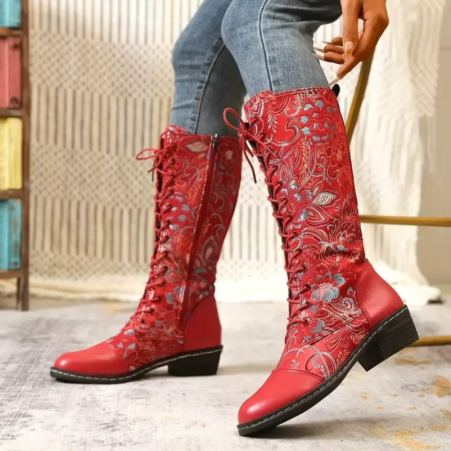 Embroidered Lace-Up Knee High Boots Red / 35 Apparel and Accessories