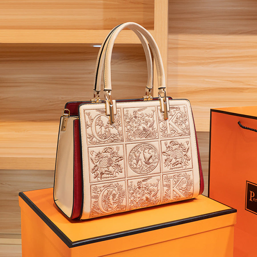 Embroidered Leather Top Handle Handbag Apricot / ONESIZE Apparel and Accessories