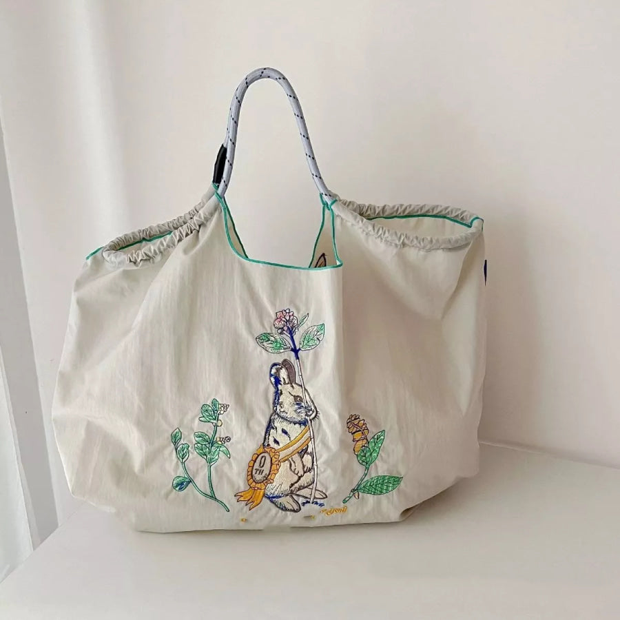 Embroidered Lightweight Tote Handbag Beige / One Size Apparel and Accessories