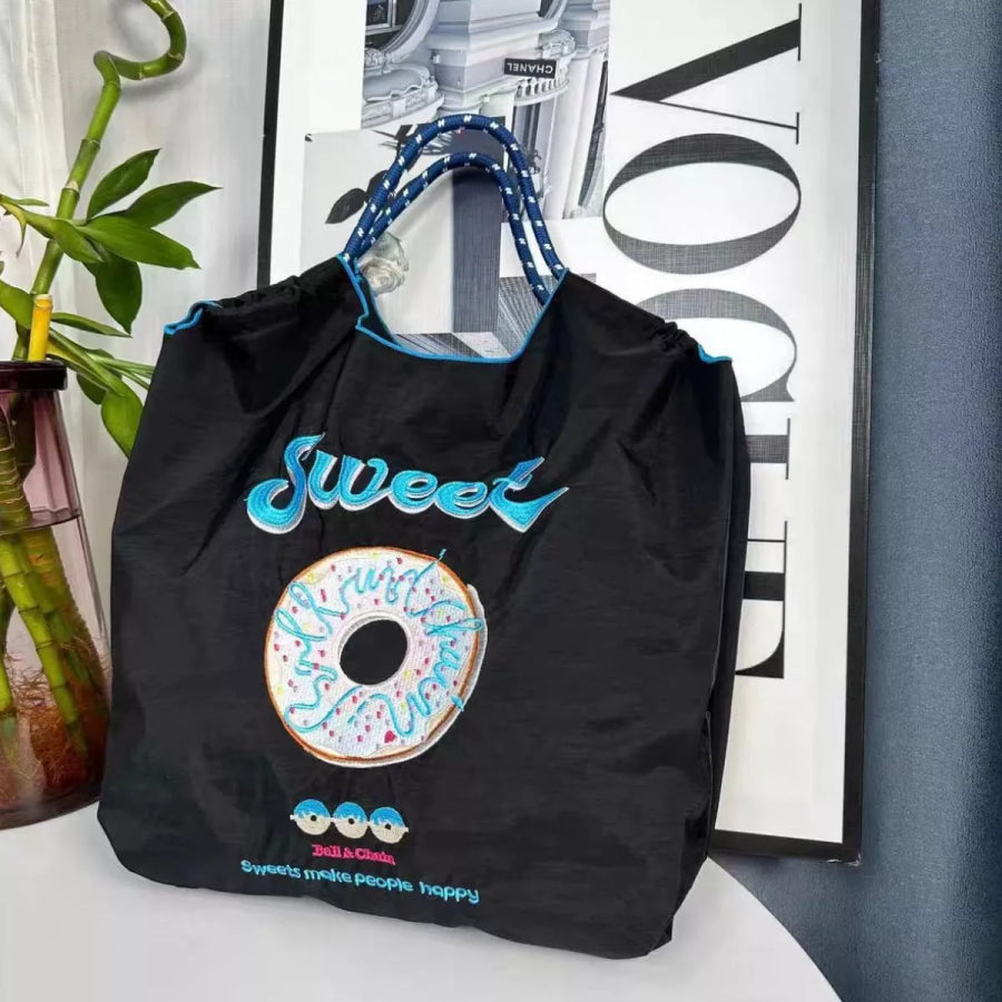 Embroidered Lightweight Tote Handbag Black / One Size Apparel and Accessories