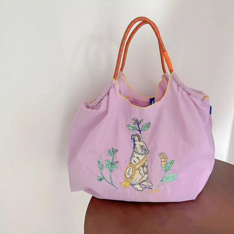 Embroidered Lightweight Tote Handbag Pink / One Size Apparel and Accessories