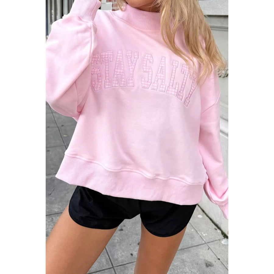 Embroidered Long Sleeve Stand Neck Shift Pullover Sweatshirt Blush Pink / S Apparel and Accessories