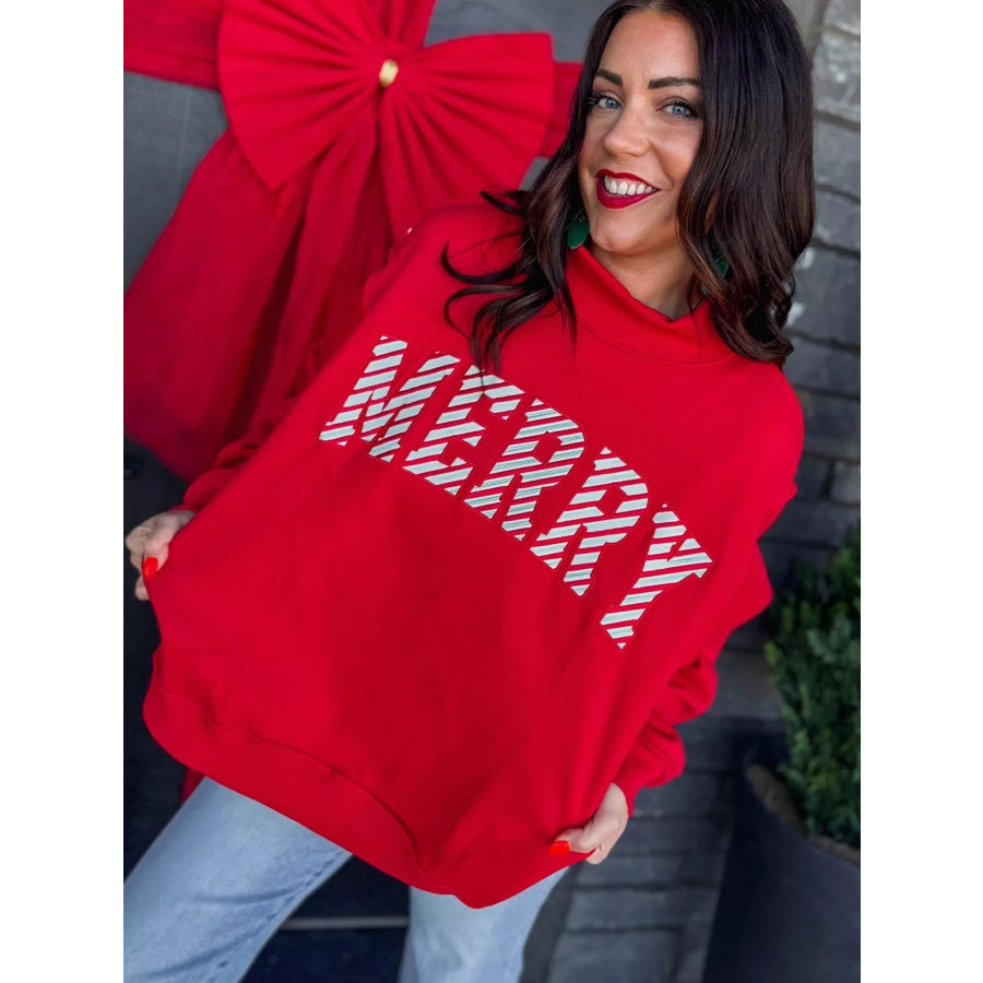 Embroidered Merry Slogan Stand Neck Long Sleeve Sweatshirt Apparel and Accessories
