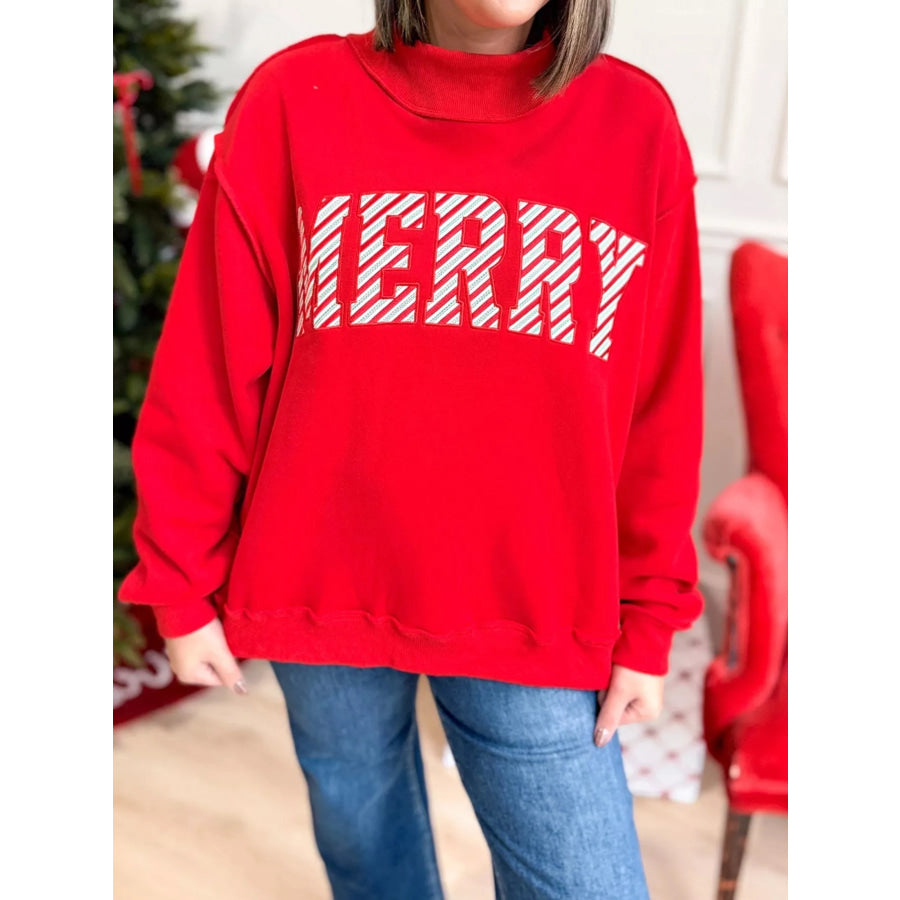 Embroidered Merry Slogan Stand Neck Long Sleeve Sweatshirt Apparel and Accessories