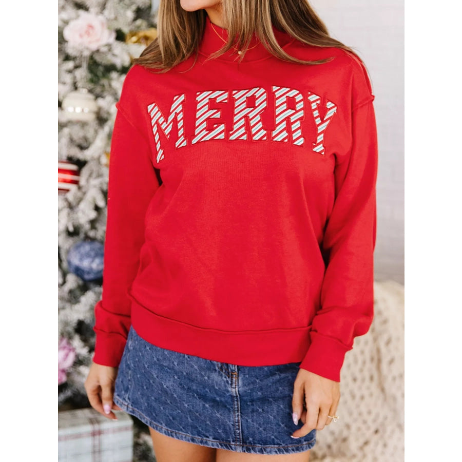 Embroidered Merry Slogan Stand Neck Long Sleeve Sweatshirt Apparel and Accessories