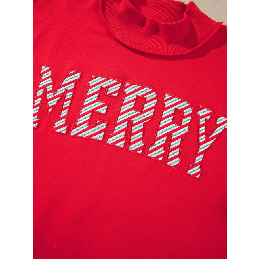 Embroidered Merry Slogan Stand Neck Long Sleeve Sweatshirt Apparel and Accessories
