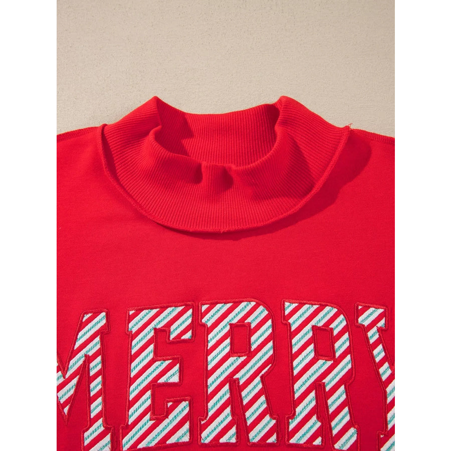 Embroidered Merry Slogan Stand Neck Long Sleeve Sweatshirt Apparel and Accessories