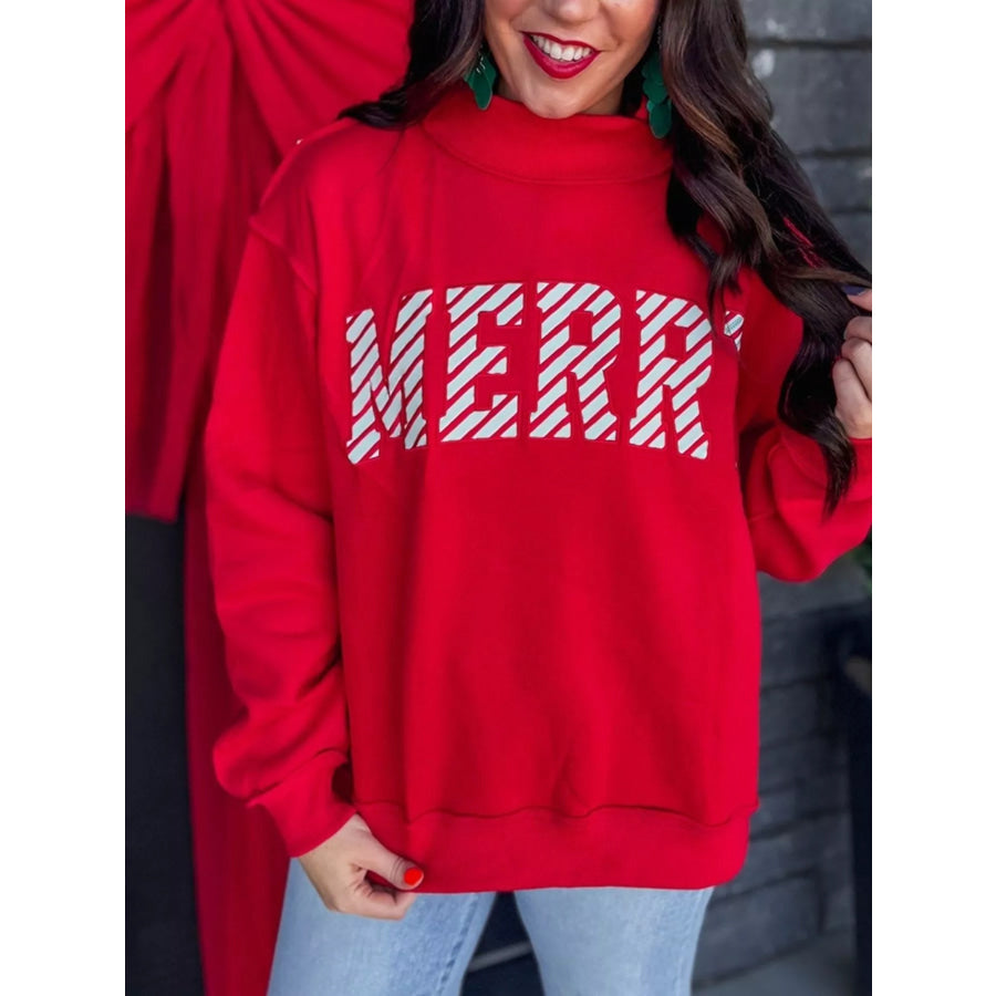 Embroidered Merry Slogan Stand Neck Long Sleeve Sweatshirt Apparel and Accessories