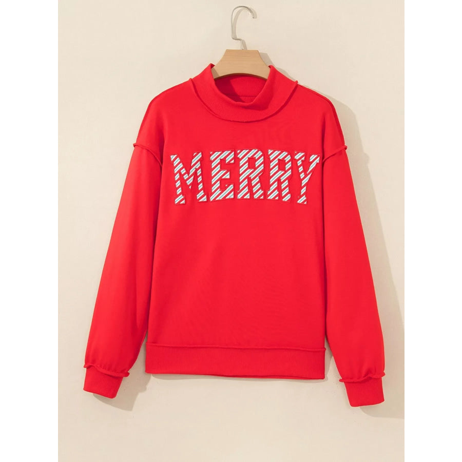 Embroidered Merry Slogan Stand Neck Long Sleeve Sweatshirt Apparel and Accessories