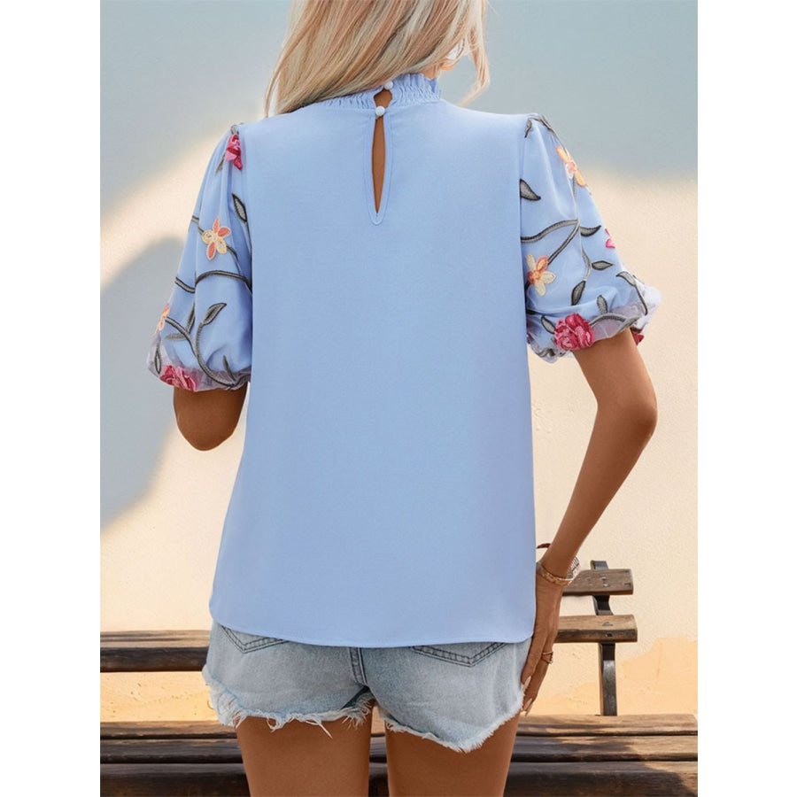 Embroidered Mock Neck Puff Sleeve Blouse Apparel and Accessories