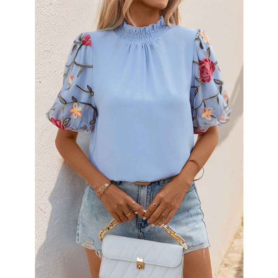 Embroidered Mock Neck Puff Sleeve Blouse Light Blue / S Apparel and Accessories