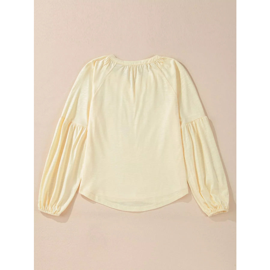 Embroidered Notched Balloon Sleeve Blouse Apparel and Accessories