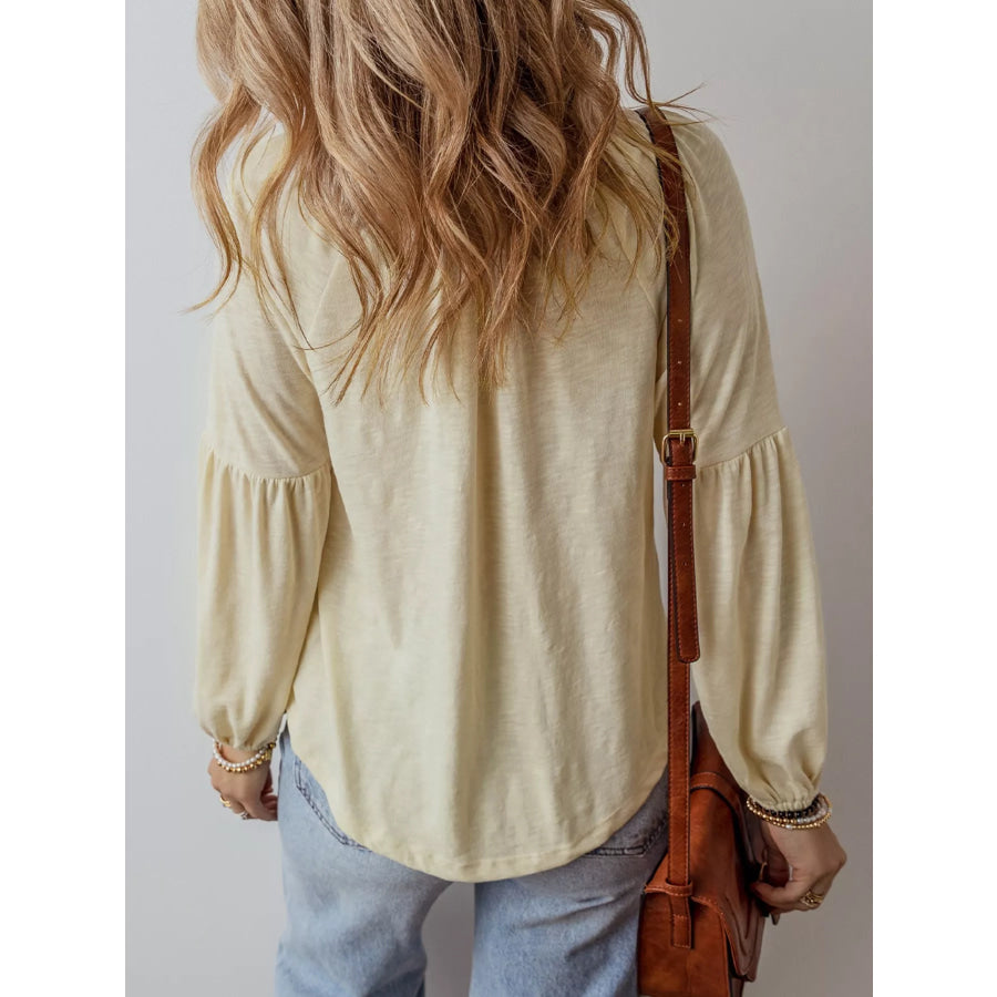Embroidered Notched Balloon Sleeve Blouse Apparel and Accessories