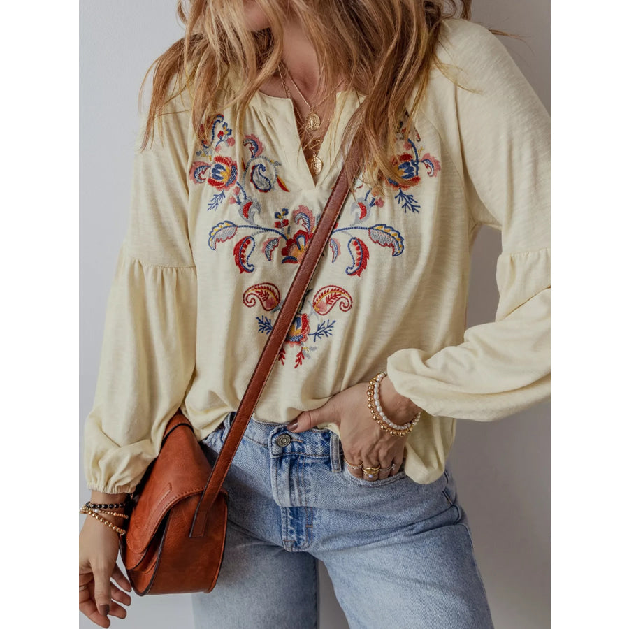 Embroidered Notched Balloon Sleeve Blouse Apparel and Accessories
