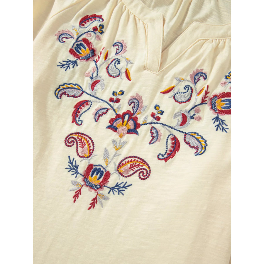 Embroidered Notched Balloon Sleeve Blouse Apparel and Accessories