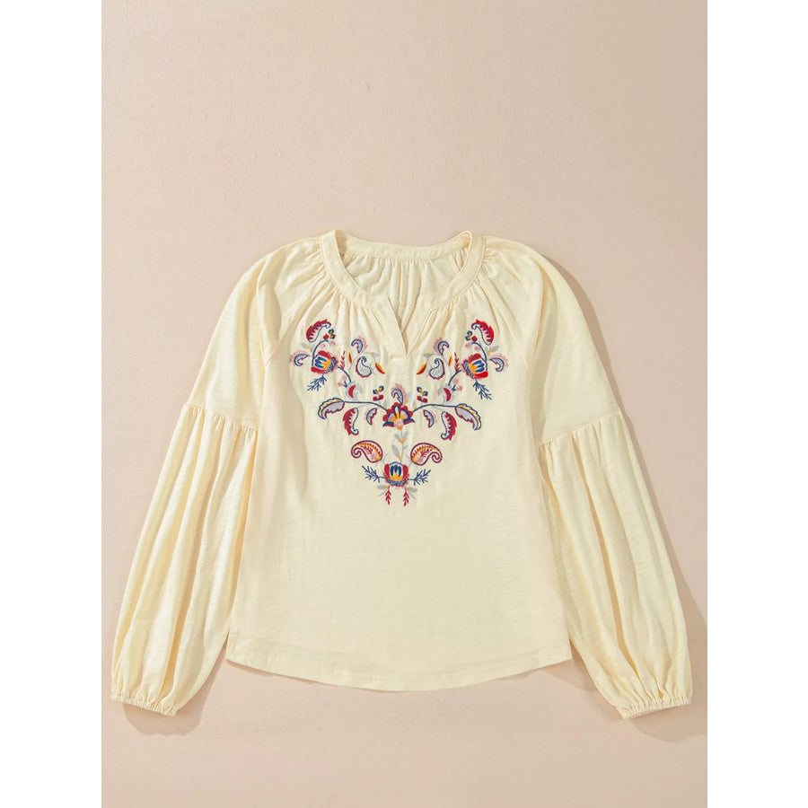 Embroidered Notched Balloon Sleeve Blouse Apparel and Accessories