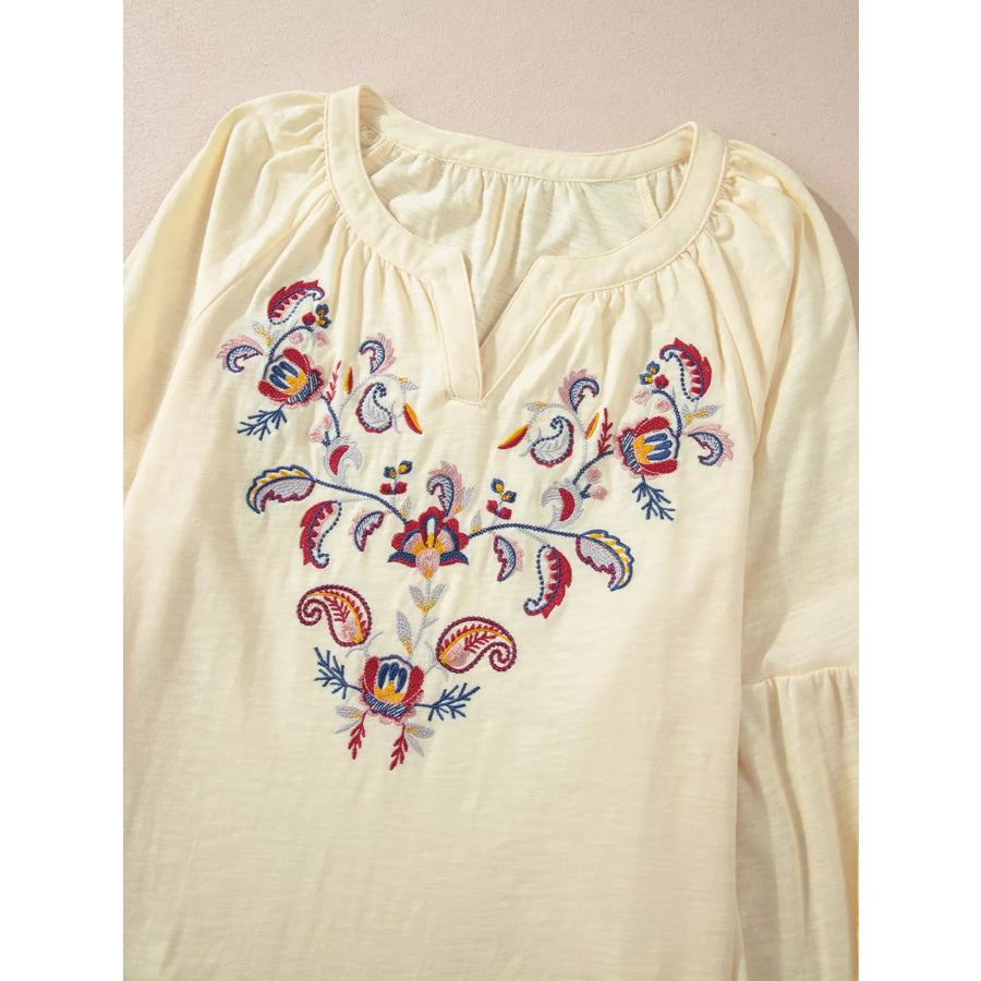 Embroidered Notched Balloon Sleeve Blouse Apparel and Accessories
