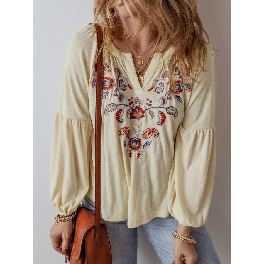 Embroidered Notched Balloon Sleeve Blouse Pastel Yellow / S Apparel and Accessories