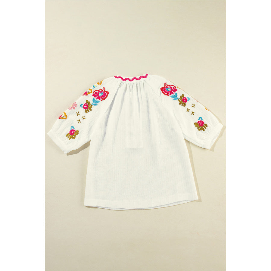 Embroidered Notched Half Sleeve Blouse Apparel and Accessories