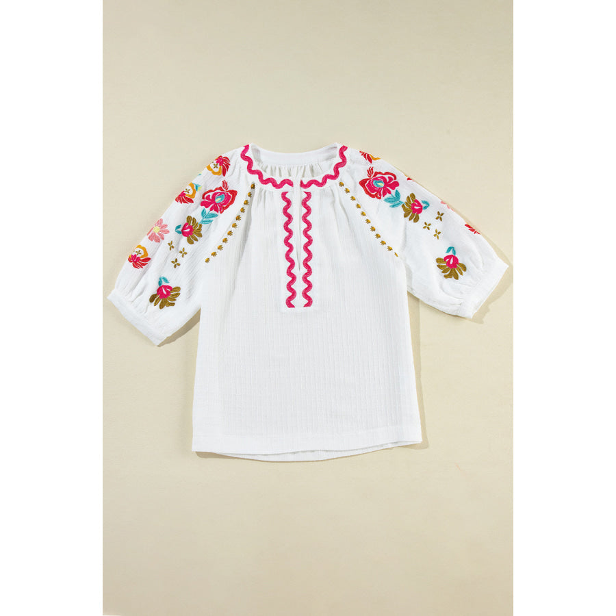 Embroidered Notched Half Sleeve Blouse Apparel and Accessories