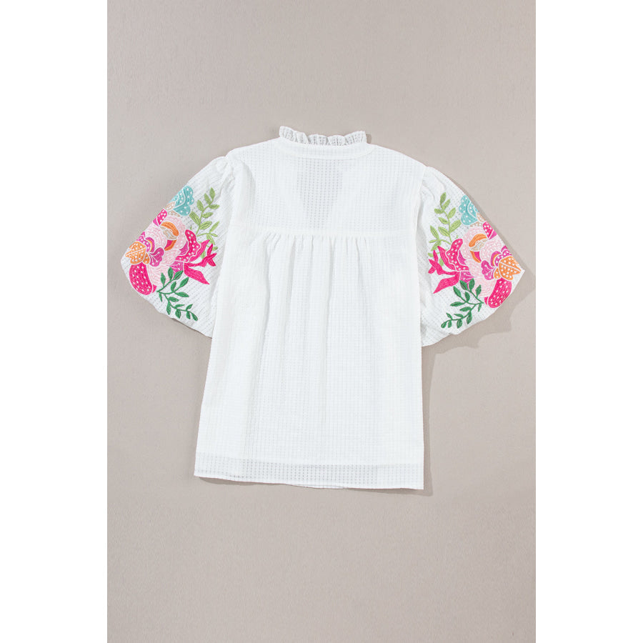 Embroidered Notched Half Sleeve Blouse Apparel and Accessories