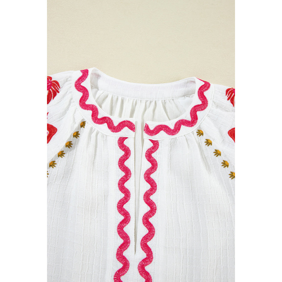 Embroidered Notched Half Sleeve Blouse Apparel and Accessories