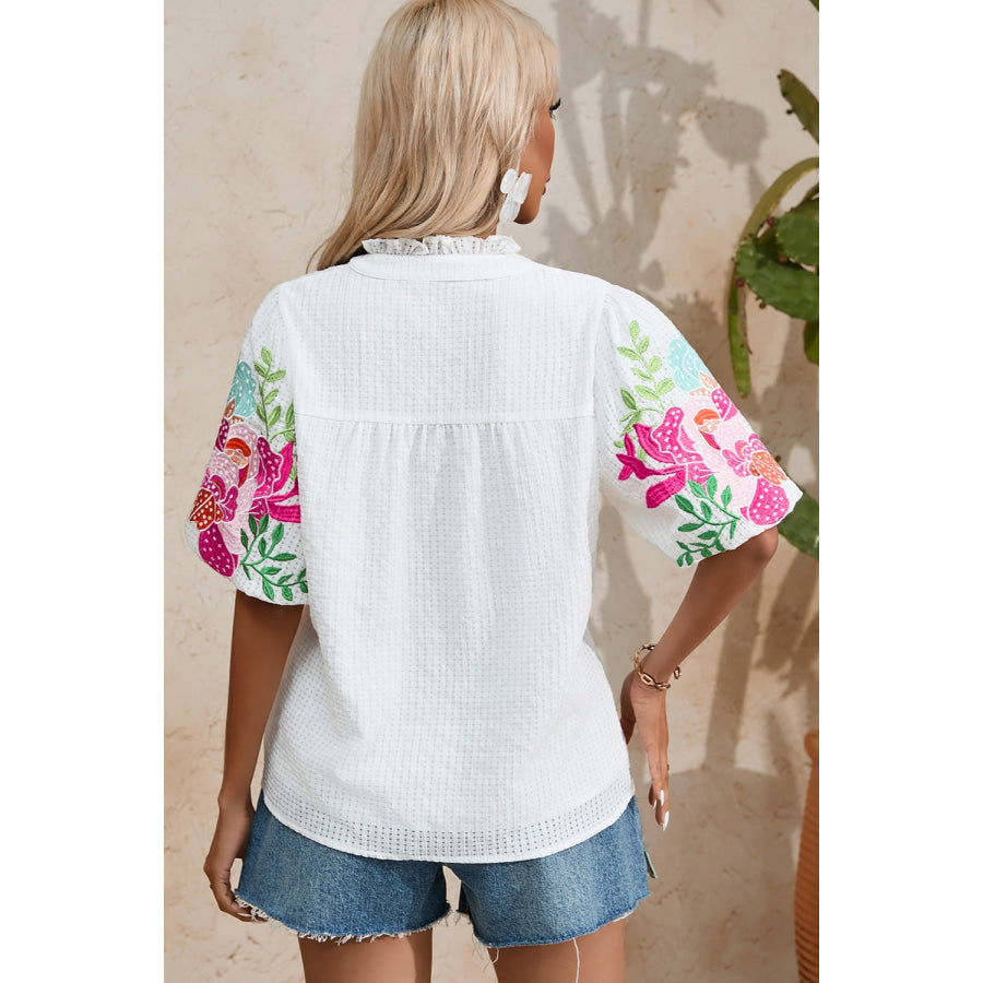 Embroidered Notched Half Sleeve Blouse Apparel and Accessories