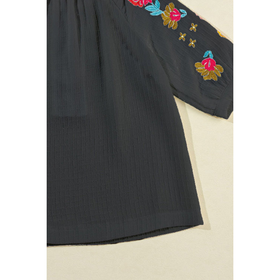 Embroidered Notched Half Sleeve Blouse Apparel and Accessories