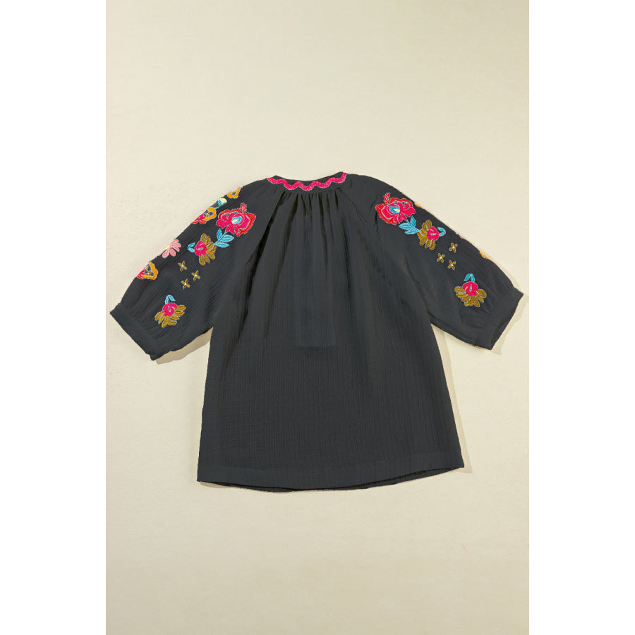 Embroidered Notched Half Sleeve Blouse Apparel and Accessories