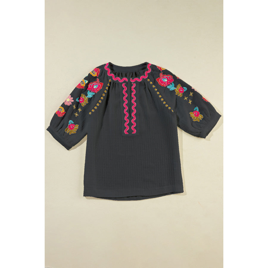 Embroidered Notched Half Sleeve Blouse Black / S Apparel and Accessories