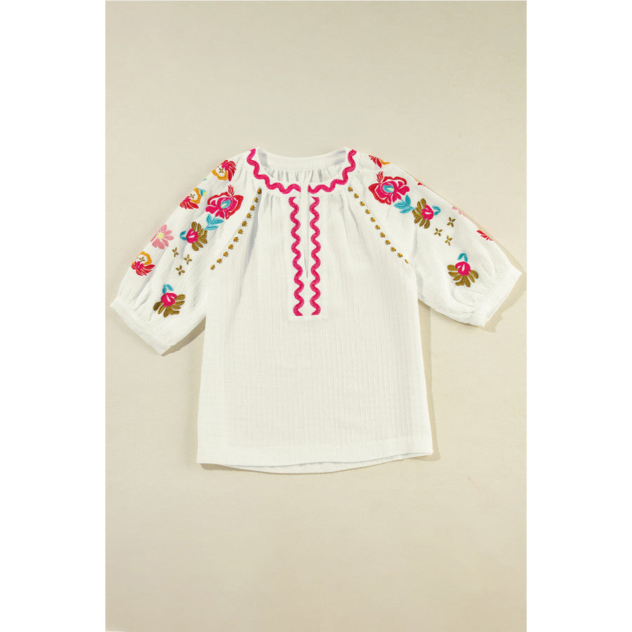 Embroidered Notched Half Sleeve Blouse Ivory / S Apparel and Accessories