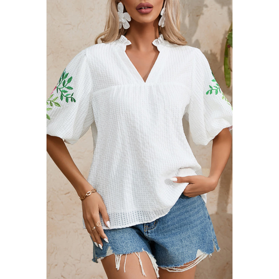 Embroidered Notched Half Sleeve Blouse White / S Apparel and Accessories