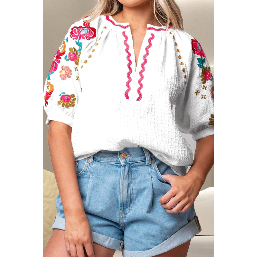 Embroidered Notched Half Sleeve Blouse White / S Apparel and Accessories