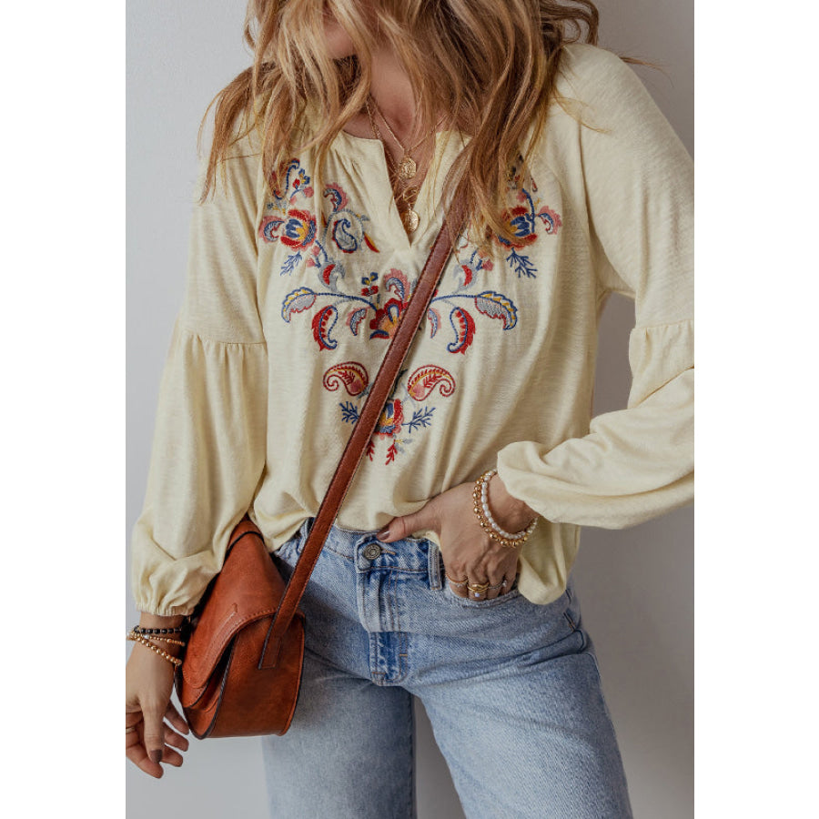 Embroidered Notched Long Sleeve Blouse Apparel and Accessories