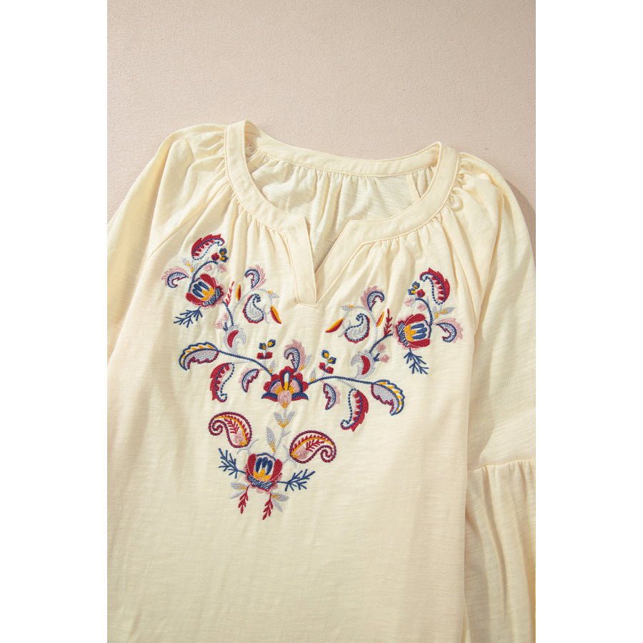 Embroidered Notched Long Sleeve Blouse Apparel and Accessories