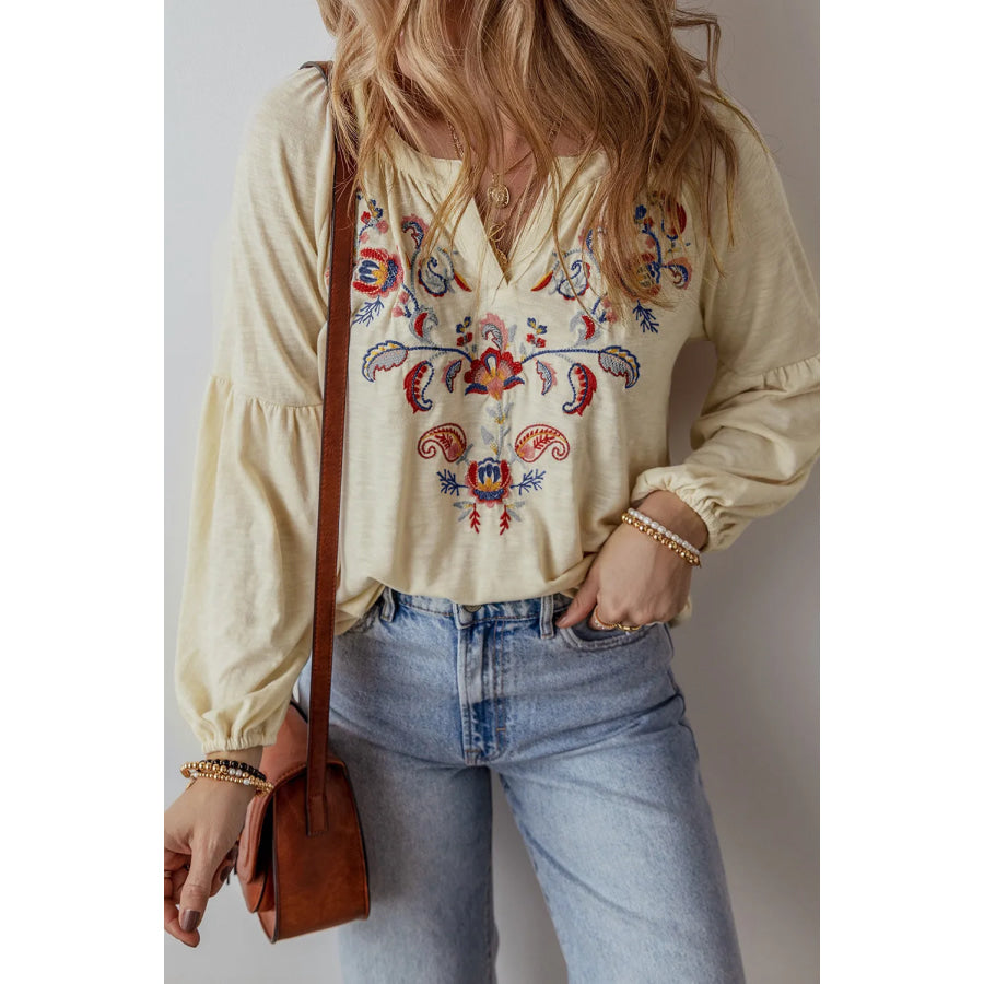 Embroidered Notched Long Sleeve Blouse Apparel and Accessories